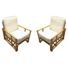 Restored James Mont Inspired Rattan Lounge Chairs w/ Modernist Arms