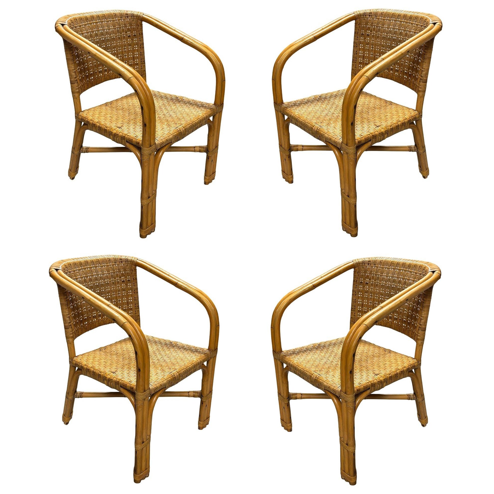 Restored Modern 2-Strand Rattan Armchair Dining Chair w/ Wicker Seat, Set of 4