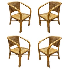 Fauteuil de salle à manger moderne restauré en rotin à 2 brins avec assise en osier, lot de 4