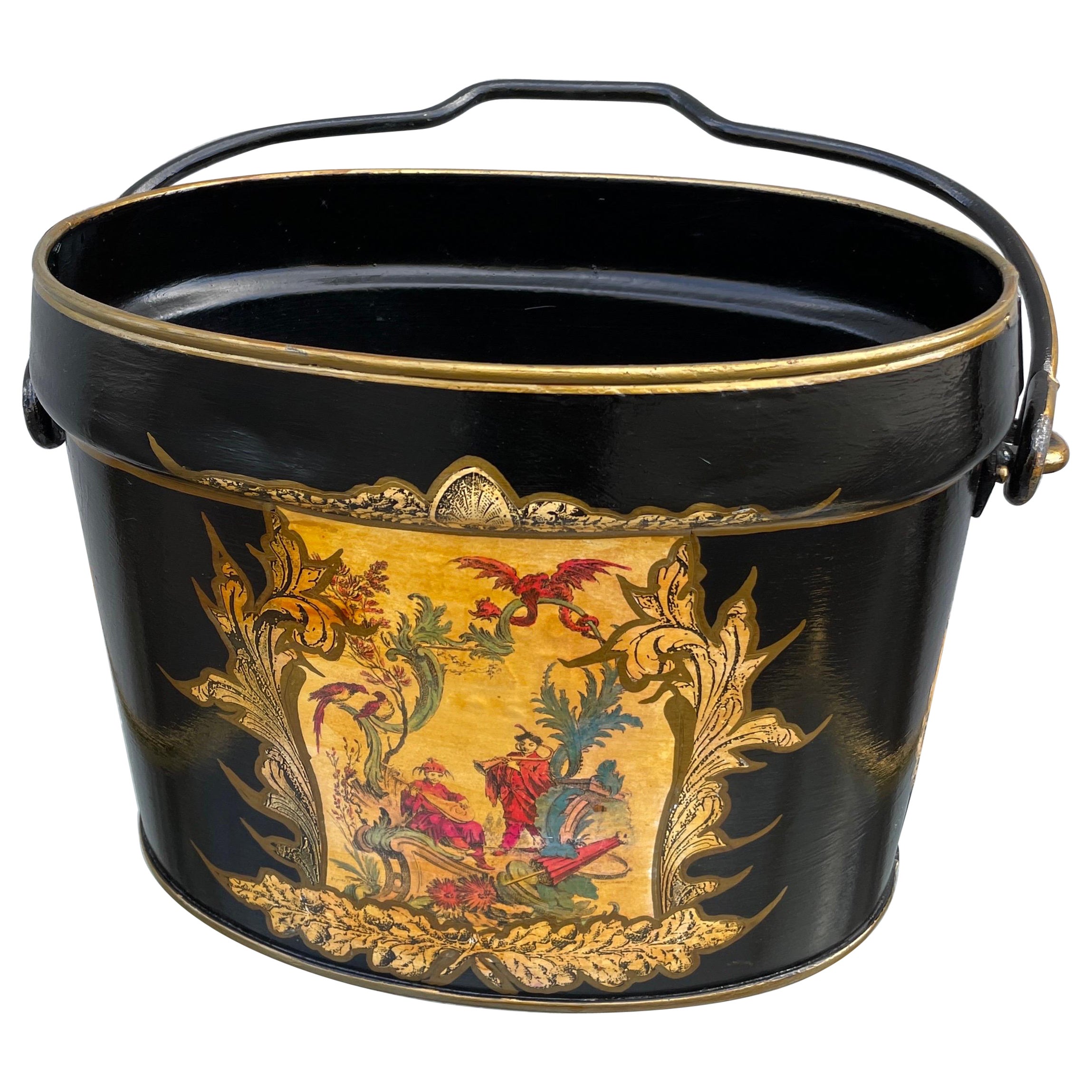 Contenitore vintage Tole Chinoiserie con manico