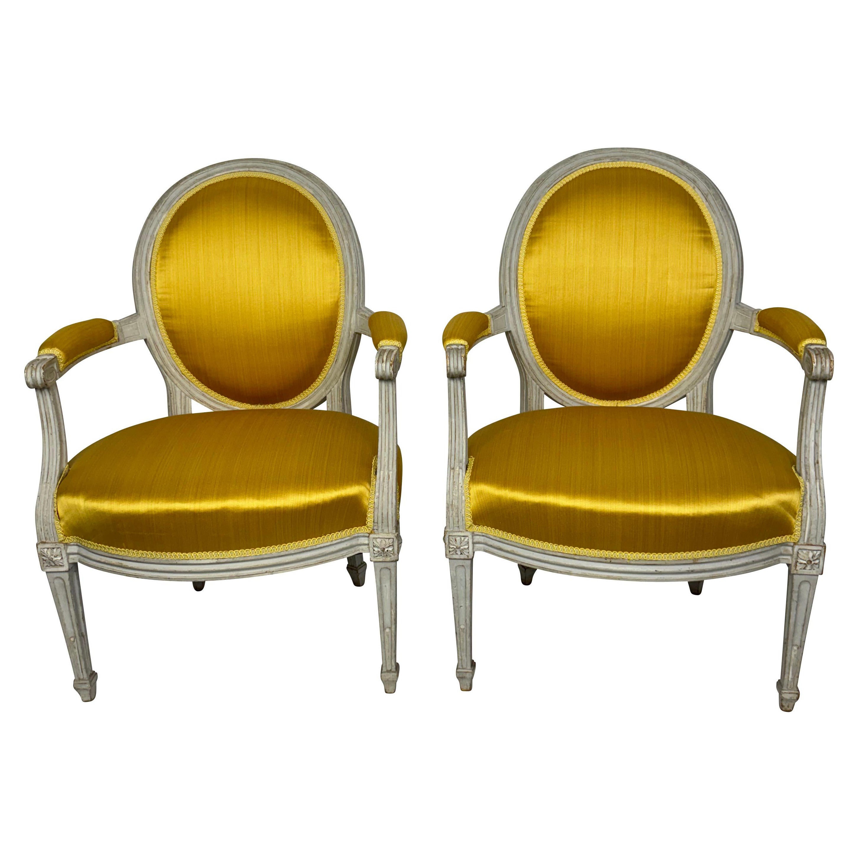Pair of Classic Louis XVI French Round Back Fauteuils/ArmChairs in YellowFabric