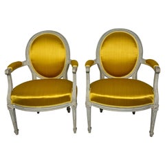 Pair of Classic Louis XVI French Round Back Fauteuils/ArmChairs in YellowFabric