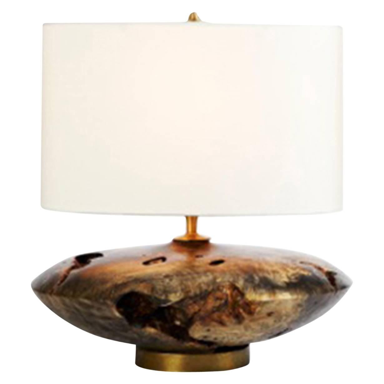 Kriest Aesculus Wood "Offering Major" Table Lamp with White Linen Shade For Sale