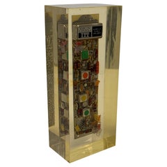 Vintage Lucite Encased Computer Chip Paperweight Sculpture, Spain 1980s