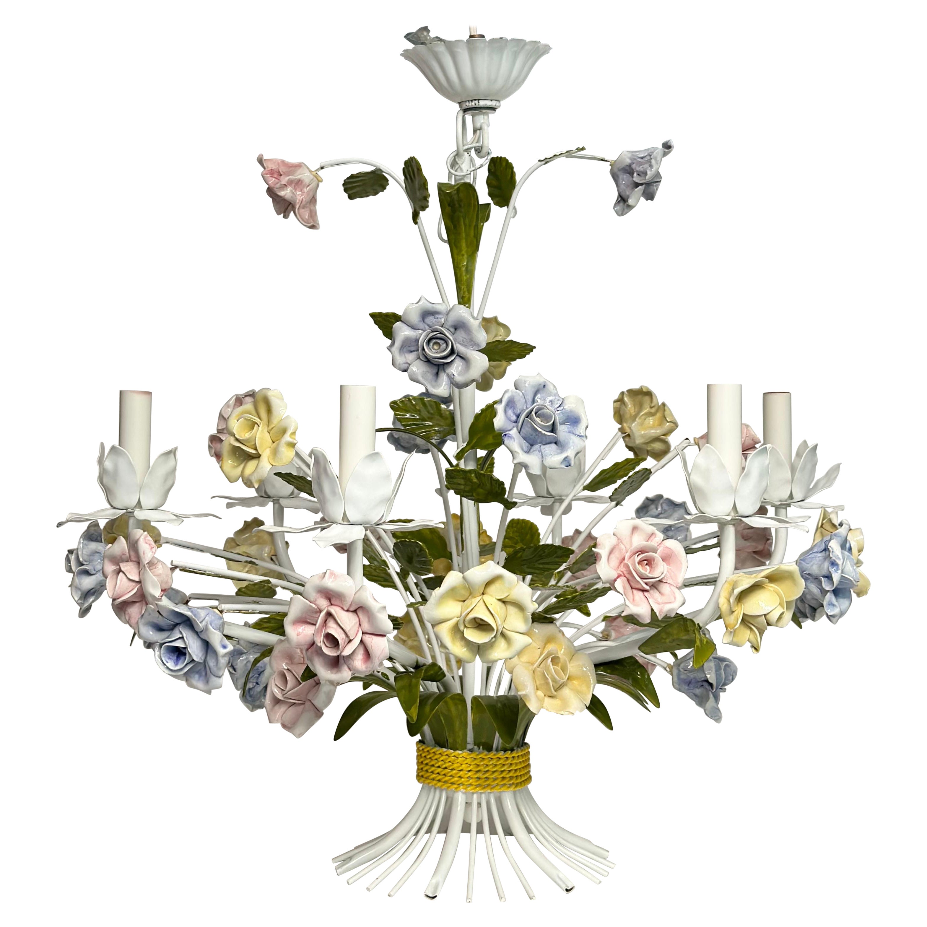 1950s Hollywood Regency Italian Floral Pastel Tole Chandelier Six Heads For Sale