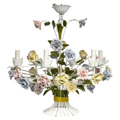 1950s Hollywood Regency Italian Floral Pastel Tole Chandelier Six Heads