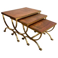 Set of Gilt Metal Nesting Tables with Claw Feet & Leather Tops by Maison Jansen