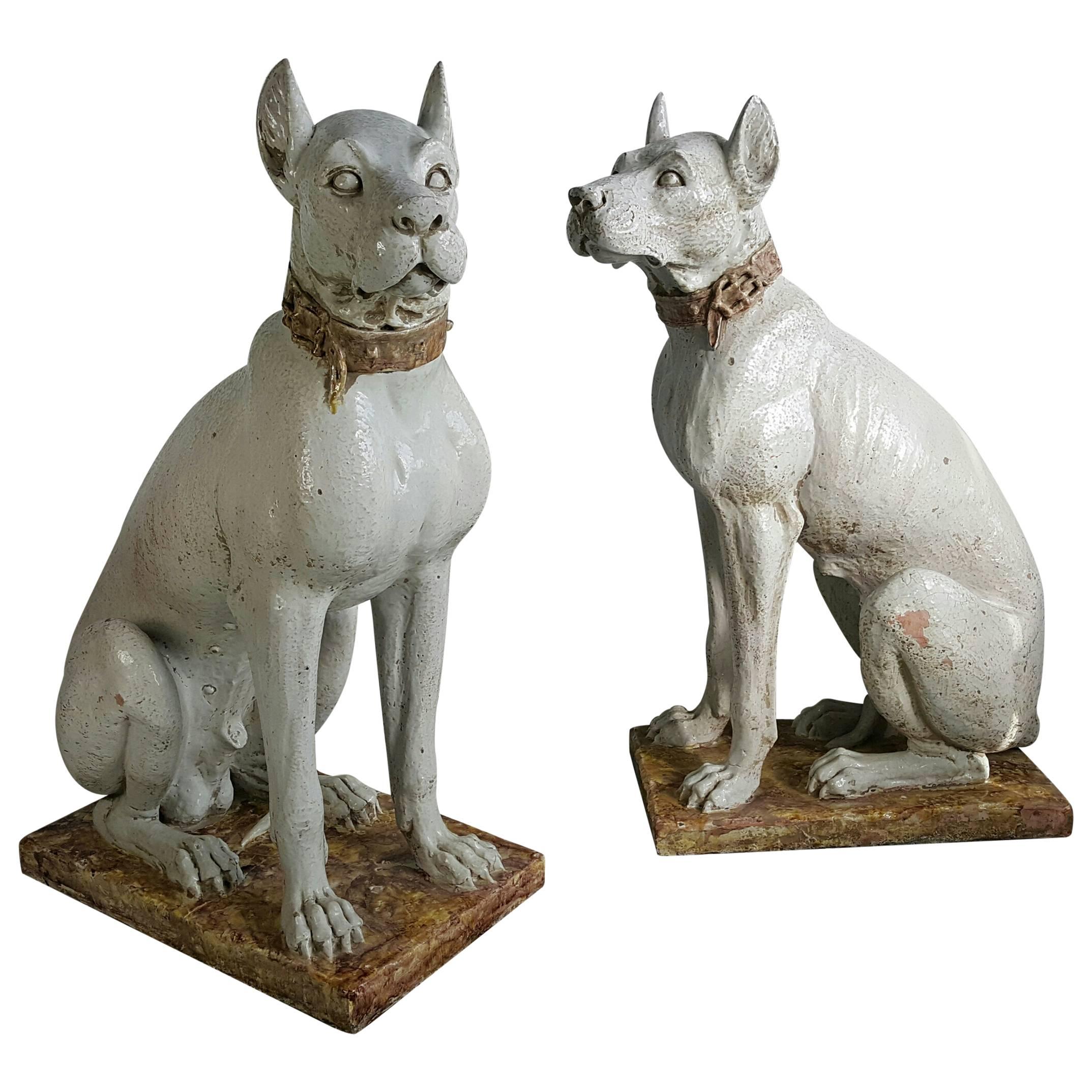 Pair of Monumental 20th Century Glazed Terra Cotta Dog Sculptures, Italy