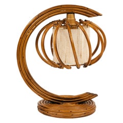 Midcentury Curved Rattan and Fabric Table Lamp Louis Sognot Style, Italy 1970s