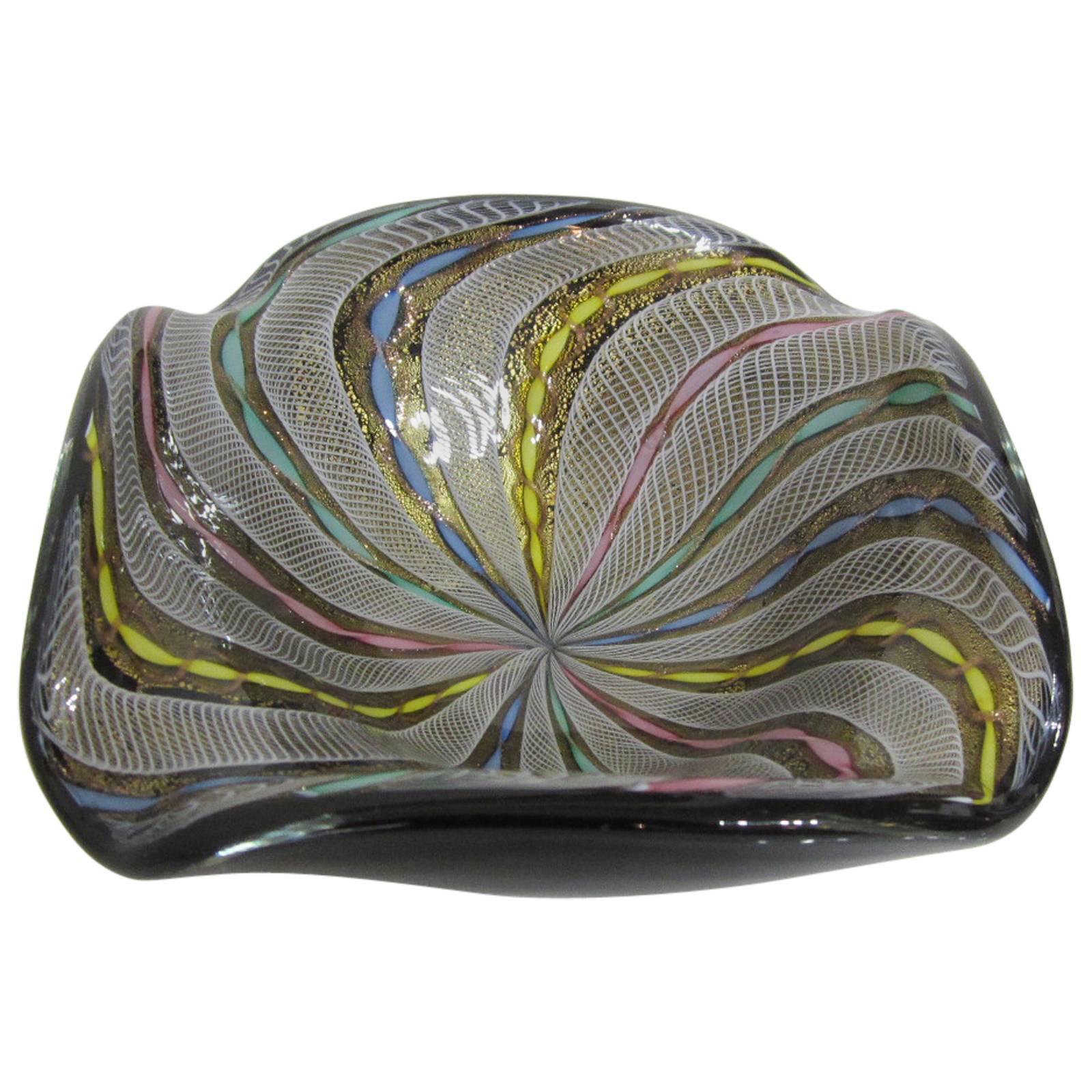 Handblown Multi-Colored Lattticino on Black Murano Glass Bowl For Sale