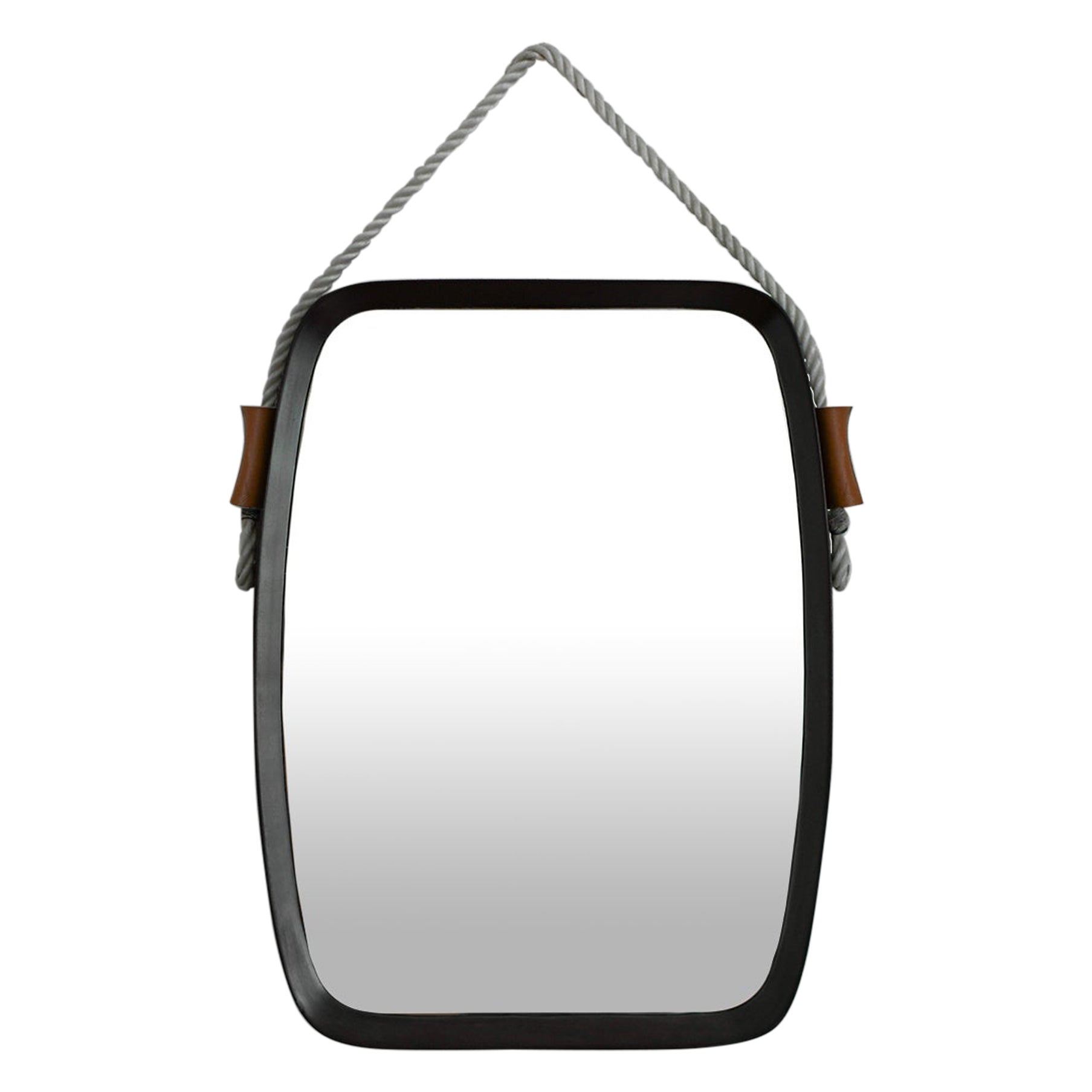 Rectangular Mirror with wooden frame and Leather cord Details, 1950s For Sale