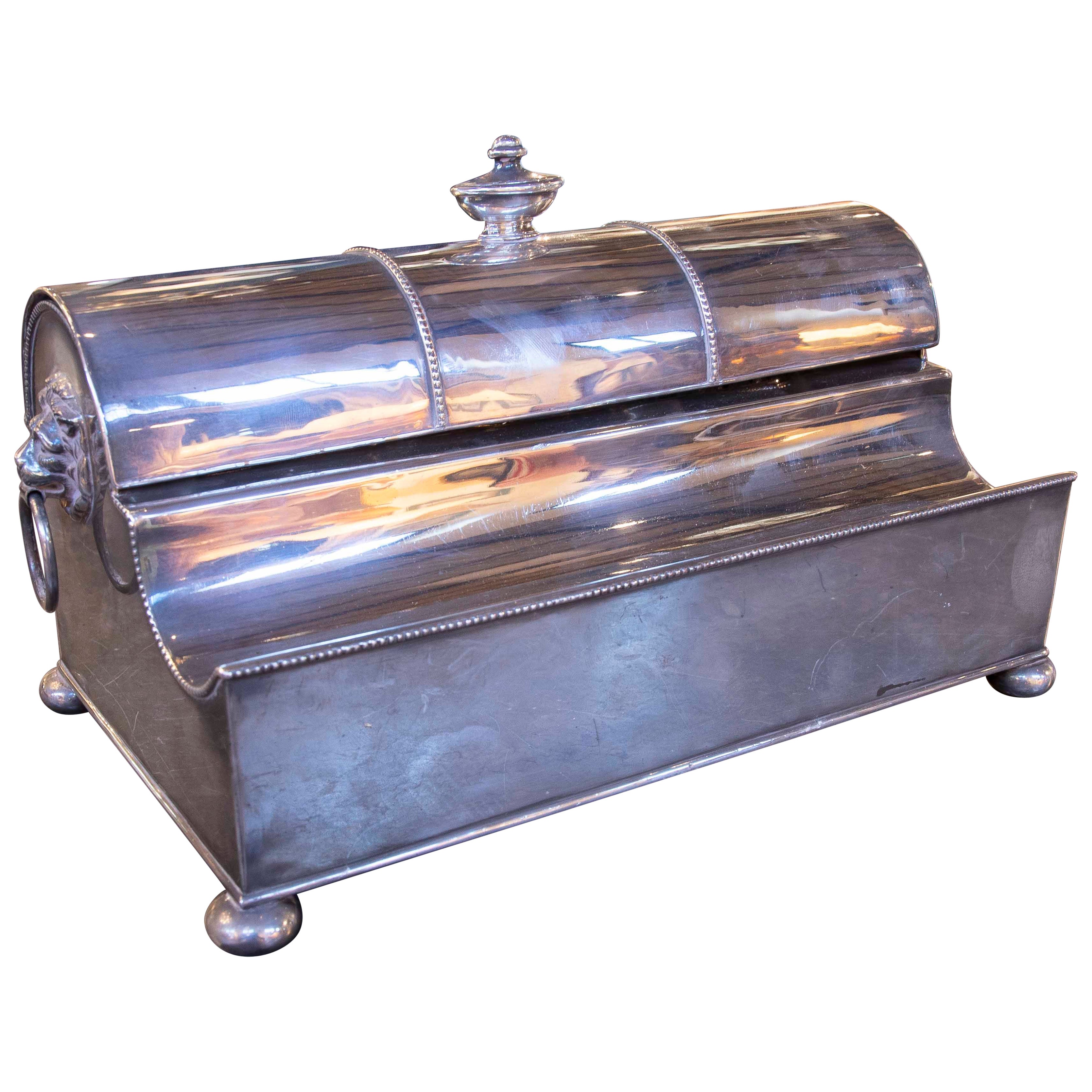 1875s Silver-plated Brass Desk Inkwell with Crystallized Ink and Engraved Detail For Sale