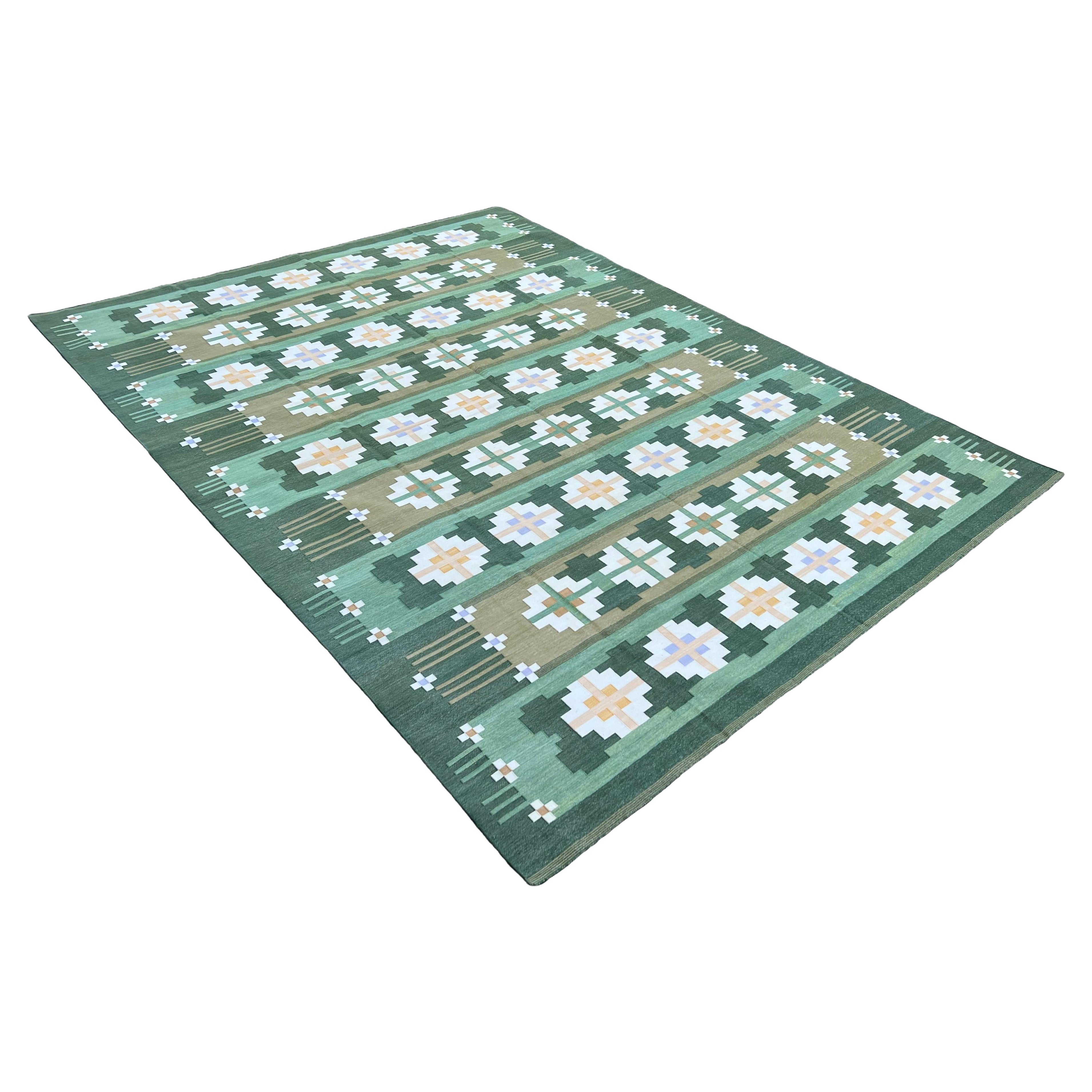 Handmade Cotton Area Flat Weave Rug, 10x14 Green, Cream Geometric Indian Dhurrie