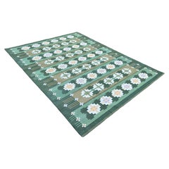 Handmade Cotton Area Flat Weave Rug, 10x14 Green, Cream Geometric Indian Dhurrie