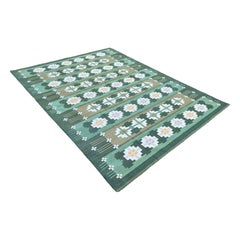 Handmade Cotton Area Flat Weave Rug, 8x10 Green, Cream Geometric Indian Dhurrie