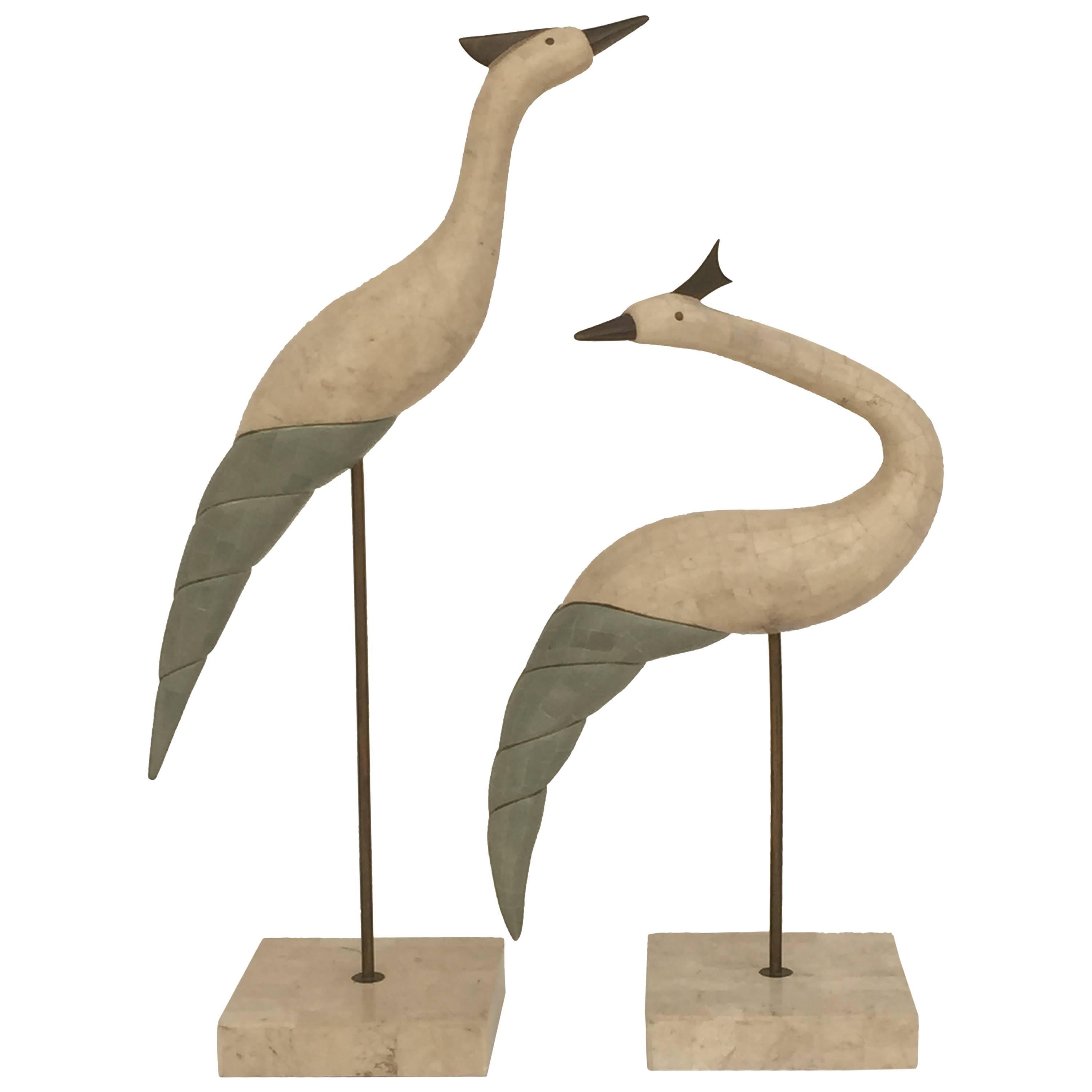 Tessellated Stone and Brass Bird Sculptures