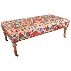 Rectangular Bench with Embroidered Floral Upholstery