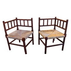 Pair of Corner Chairs with Turned Sstructure and Natural Fiber Seats