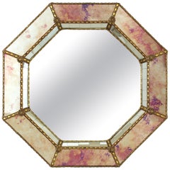 Octagonal Venetian Modern Mirror in Pink Golden Hues & Brass Details