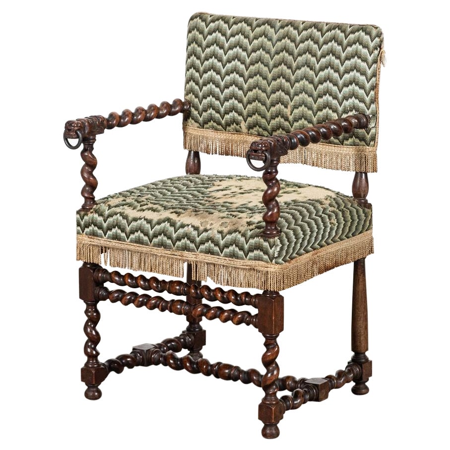 English 19thC Cromwellian Carved Oak Barley Twist Armchair