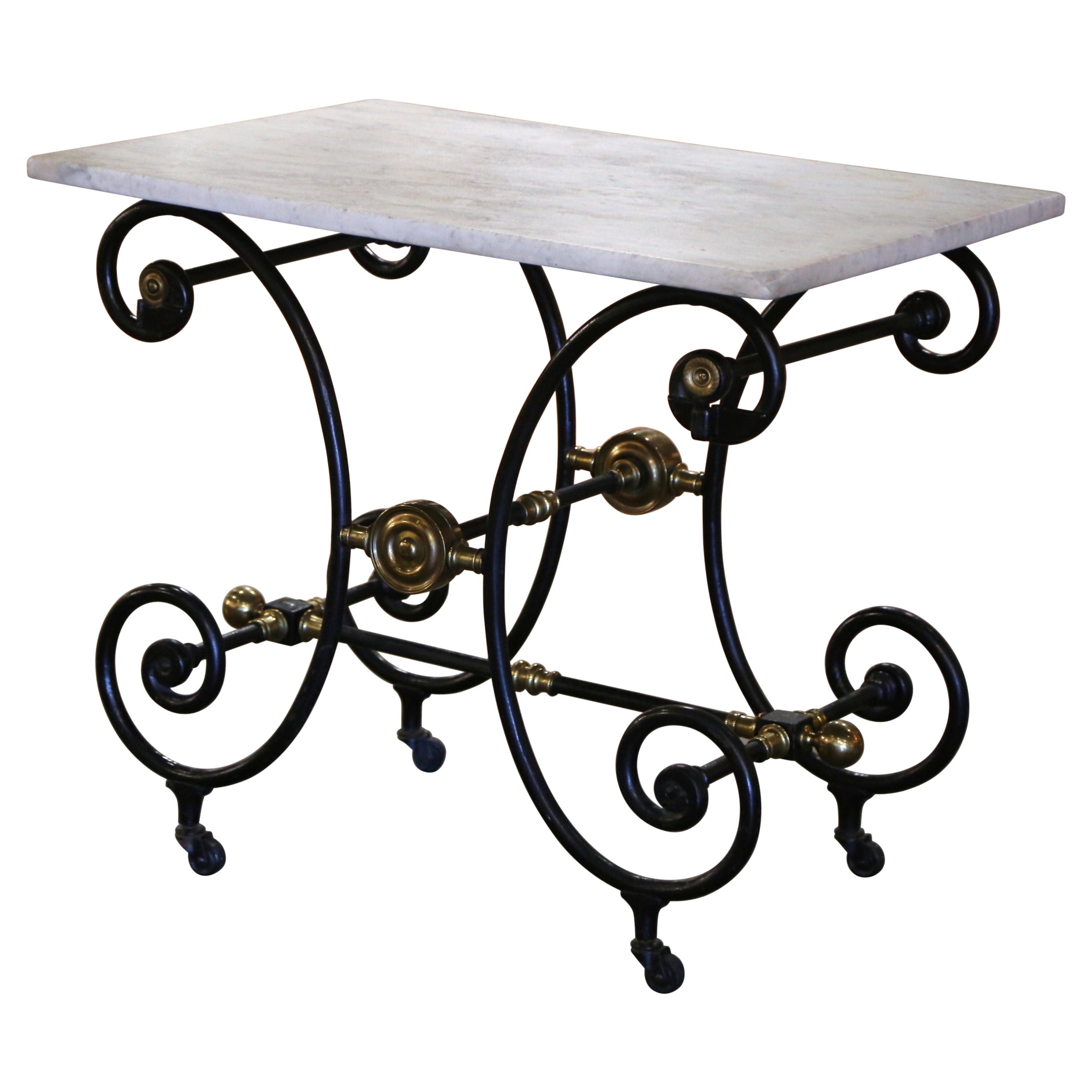 18th Century French Marble Top Painted Iron Pastry Table with Bronze Mounts
