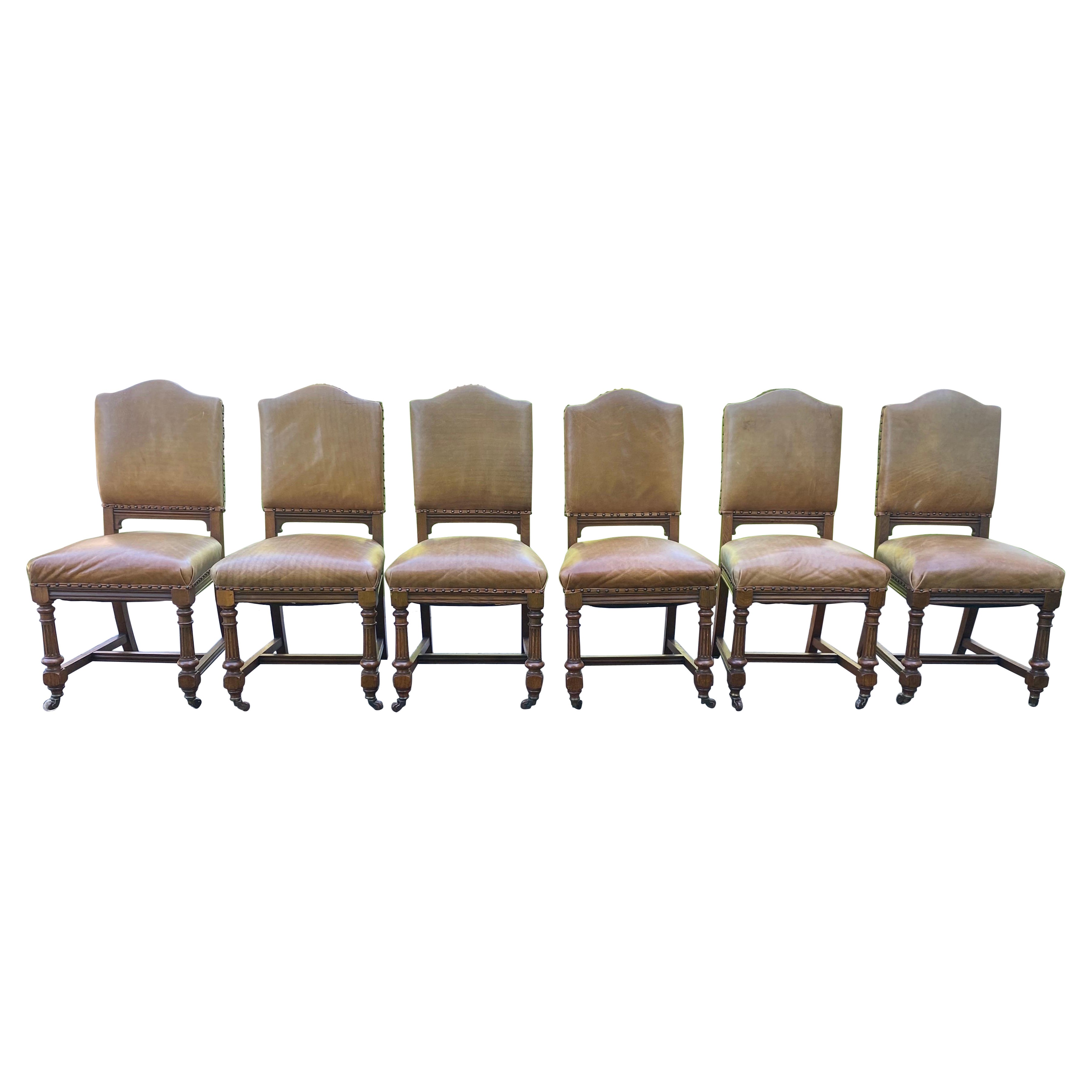Set of Six Oak Dining Chairs with Leather Upholstery & Nailheads For Sale