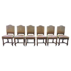 Set of Six Oak Dining Chairs with Leather Upholstery & Nailheads