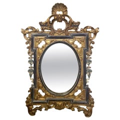 19th C. Carved Rococo-Style Black and Gold Mirror with Painted Hanging Garlands