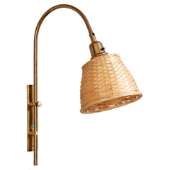 Swedish Designer, Wall Light, Brass, Rattan, Sweden, 1970s