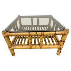 Vintage Scorched Bamboo Style Smoked Glass Coffee Table