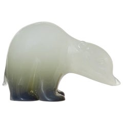 Seguso Murano Opalescent White Dark Olive Italian Art Glass Baby Bear Figurine