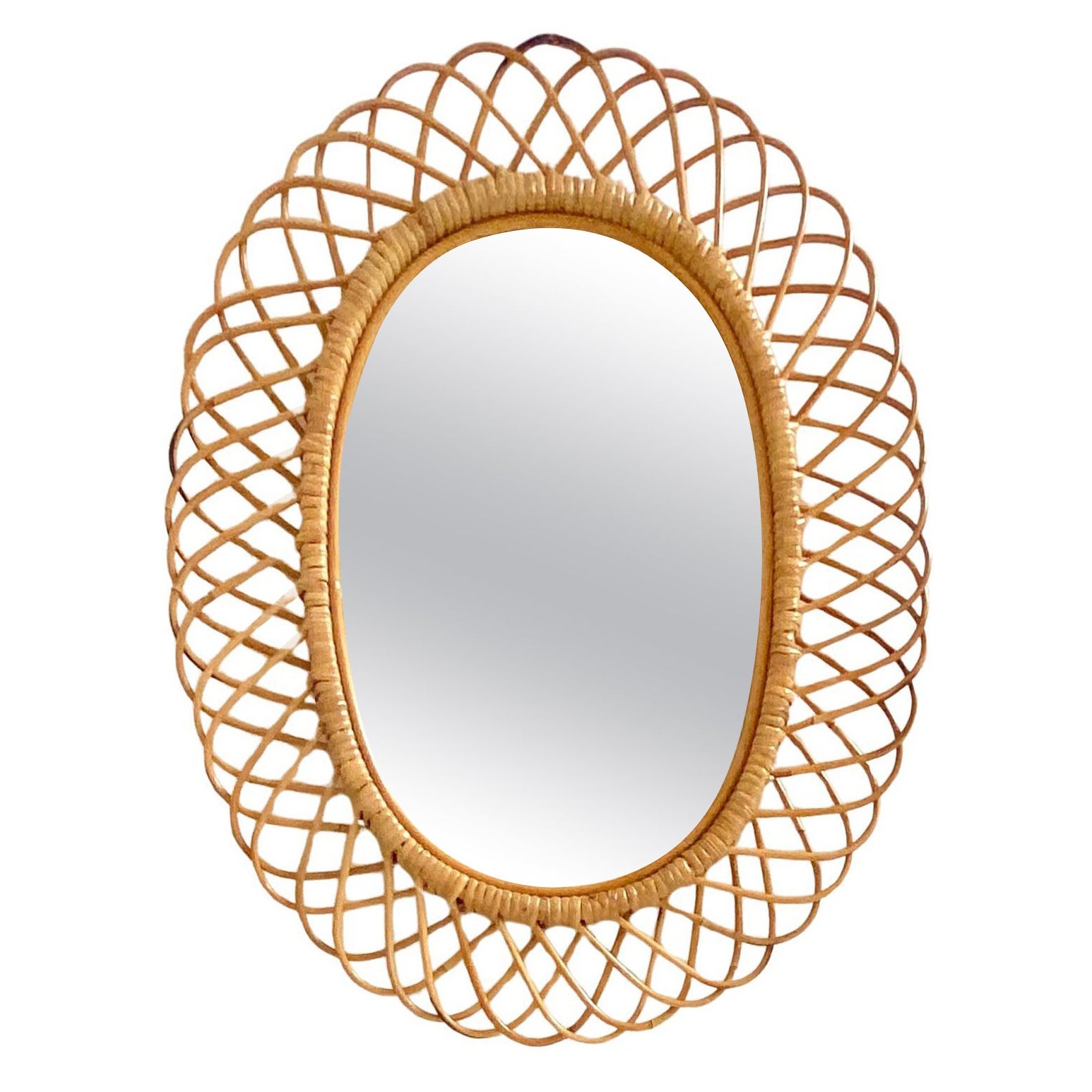 Specchio di bambù e rattan di grandi dimensioni in stile Midcentury Modern, Italia 1960