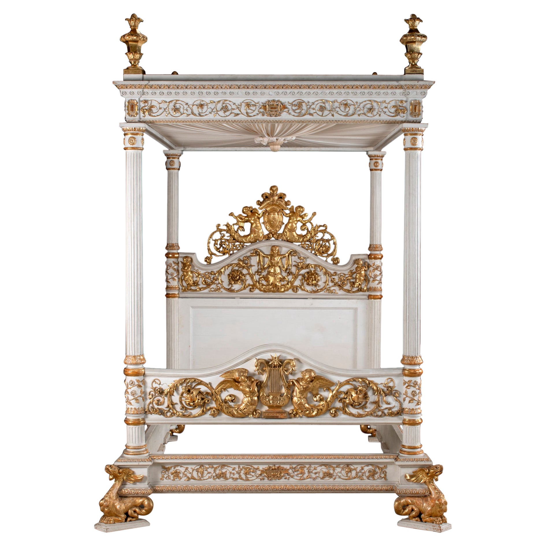 Italian Neoclassical Handcarved Gilded Tester State Bed (6ft/180cm) & Cupboard