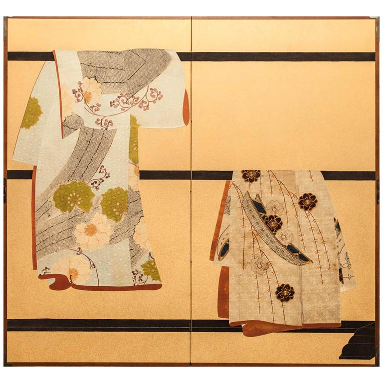 Japanese Screen "Kimono Mounted on Screen" For Sale at 1stdibs