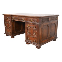 Antique Kittinger English Tudor Carved Walnut Executive Desk, Circa 1920s