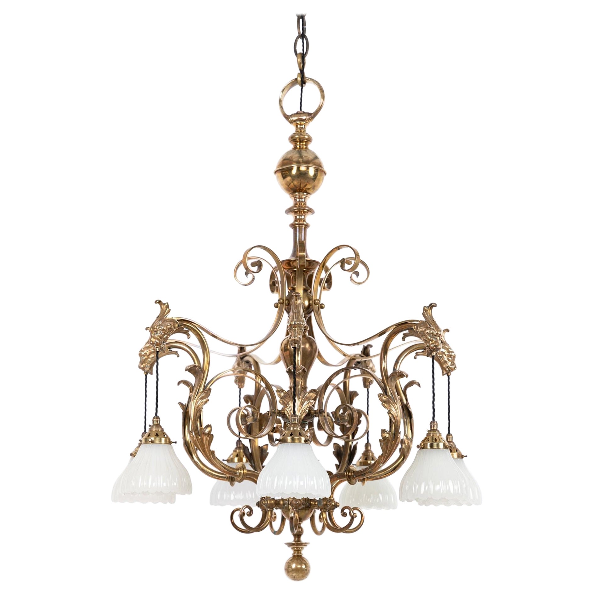 Antique Brass F&C Osler Moonstone Glass Chandelier Pendant Light, C.1920 For Sale