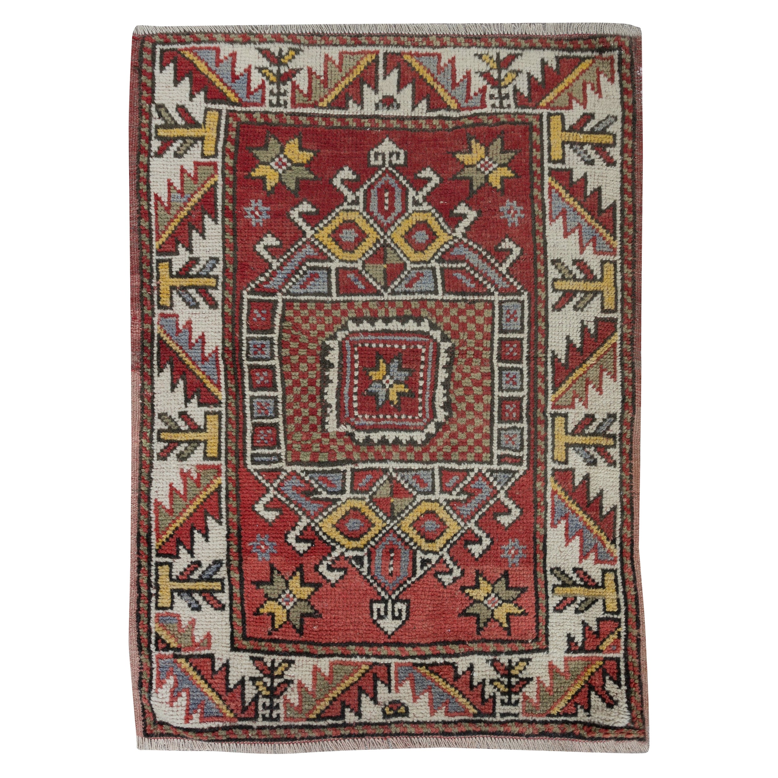 29"x38" Vintage Handgefertigter roter türkischer Teppich in Farbe Türkisch mit geometrischem Medaillon-Design