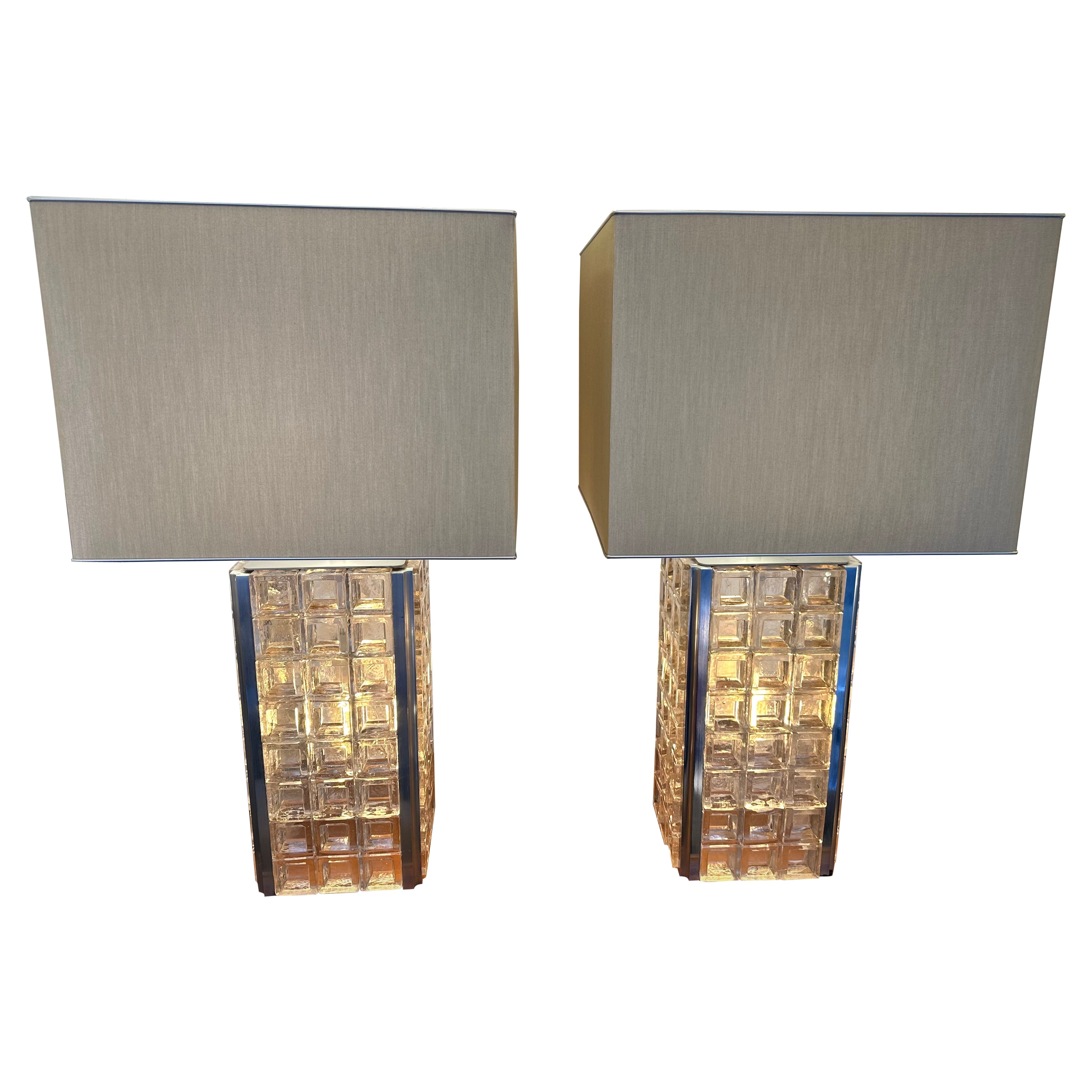 Pair of Glass Cube Lamps and Stainless Steel Metal by Poliarte, Italy, 1970s
