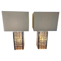 Pair of Glass Cube Lamps and Stainless Steel Metal by Poliarte, Italy, 1970s