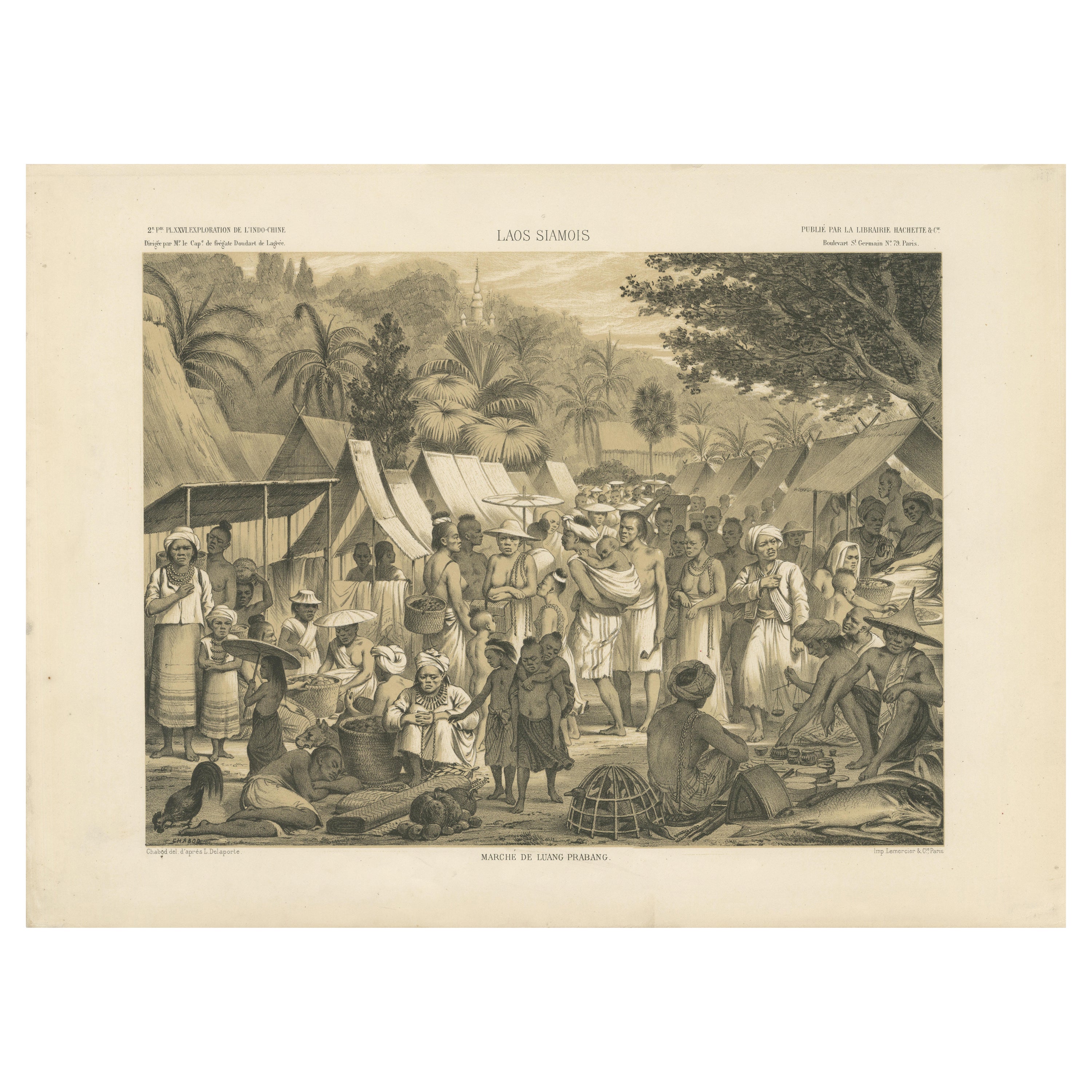 Market Scene in Luang Prabang, Laos – A Detailed Historical Engraving, 1873