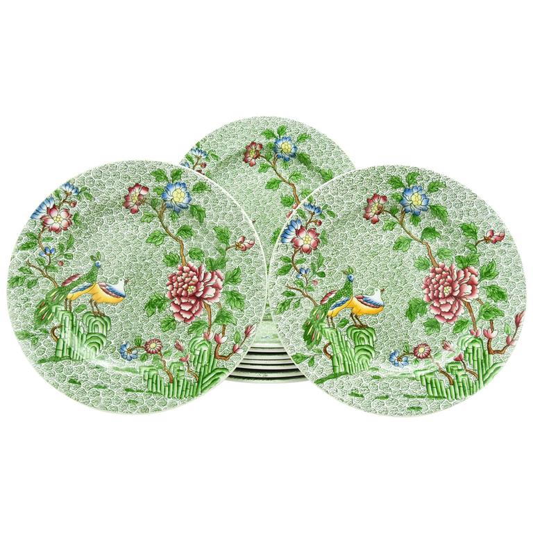 Set of Ten Copeland Spode allOver Chintz Green Enamel Dinner Plates