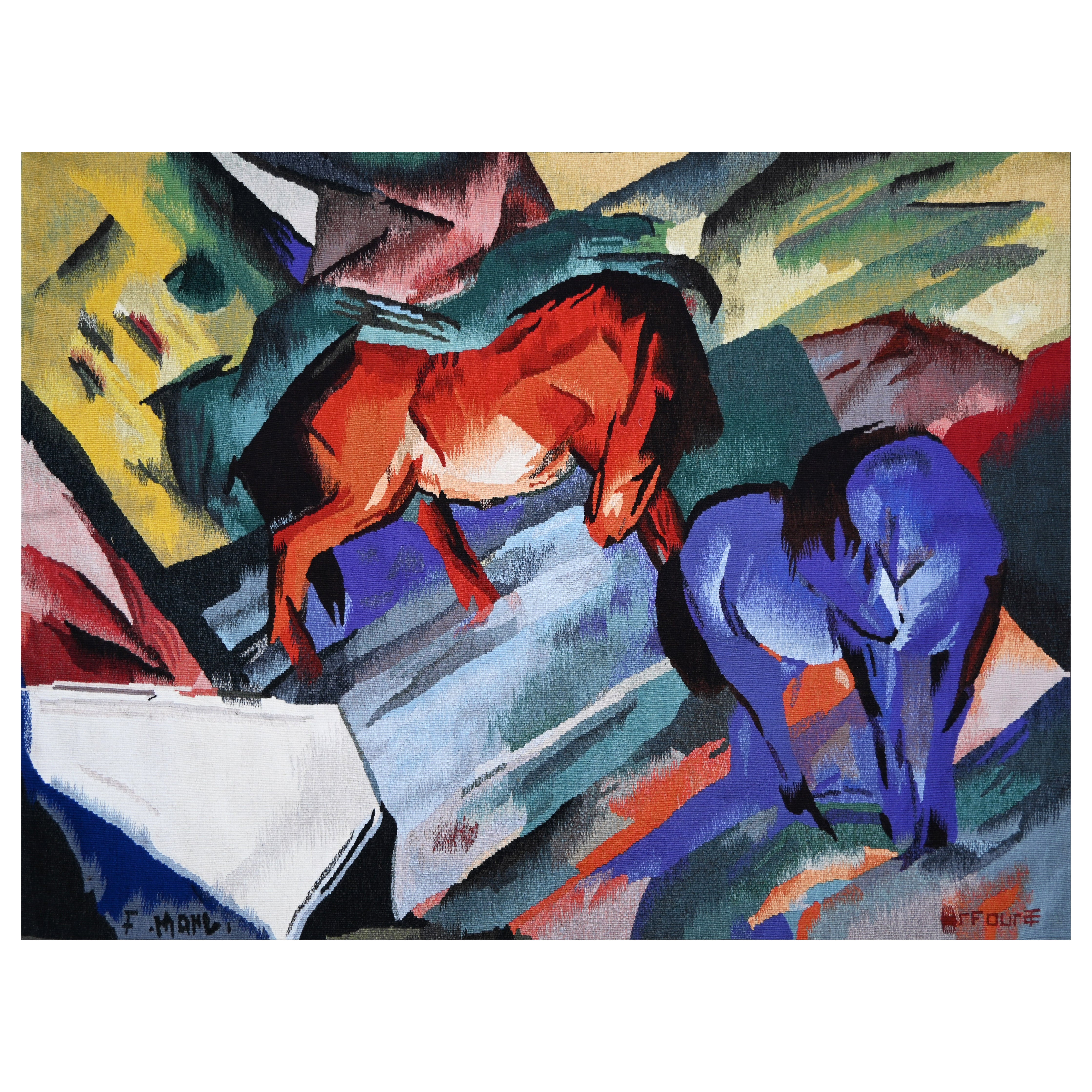 Rotes und blaues Pferd, Franz Marc - Französischer Aubusson-Teppich -152lxh112 - Nr. 1486 im Angebot