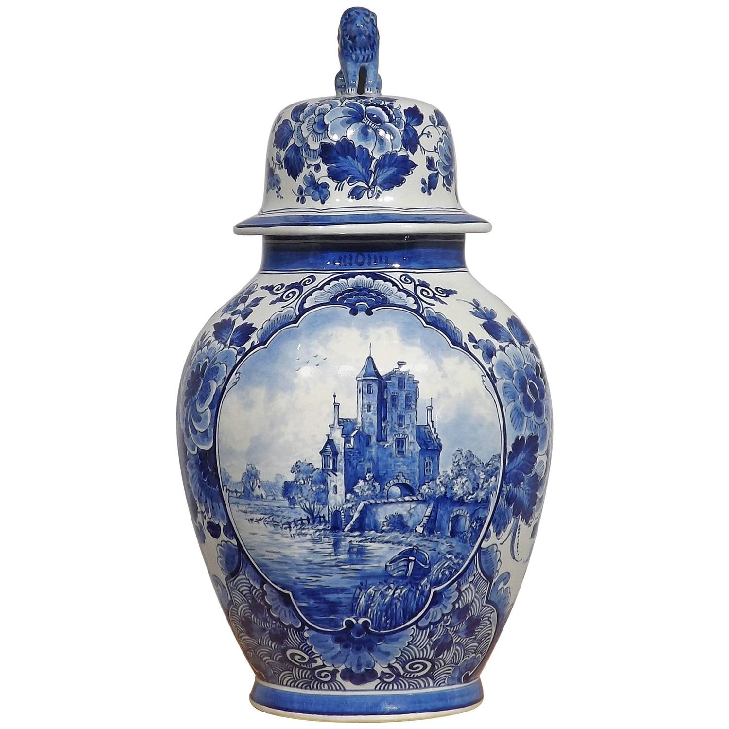 Monumental Royal Delft Porcelain Fles Covered Jar Dated 1952 For Sale