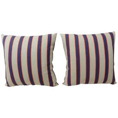 Pair of 1940s French Blue & Red Awning Stripes Linen Pillows 2