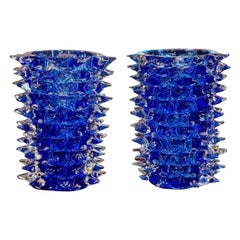 Pareja de jarrones de cristal de Murano azul real en vidrio de Rostrada