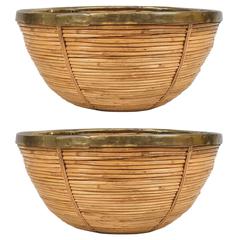 Pair of Large Decorative Mid-Century Brass and Rattan Bowls