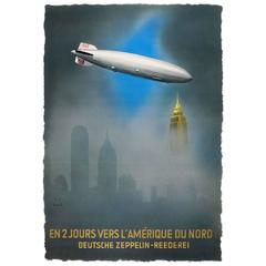 affiche de 1936 de la Deutsche Zeppelin par Jupp Wiertz:: deux jours pour l'Amérique du Nord !
