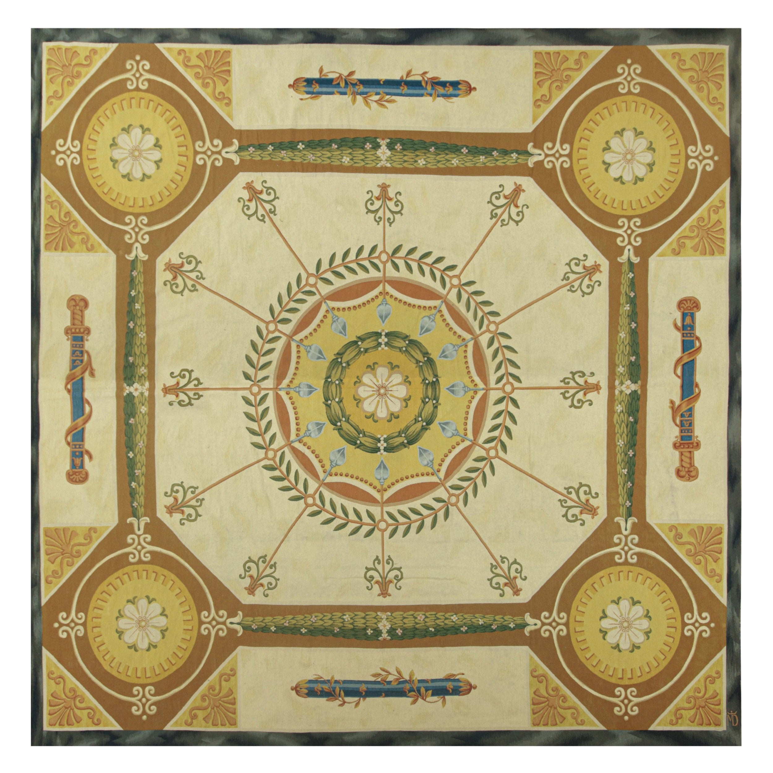 Oversized Square Vintage Aubusson Style Rug with Floral Medallions  Rug & Kilim