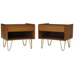 Danish Teak Nightstands on Brass Hairpin Legs