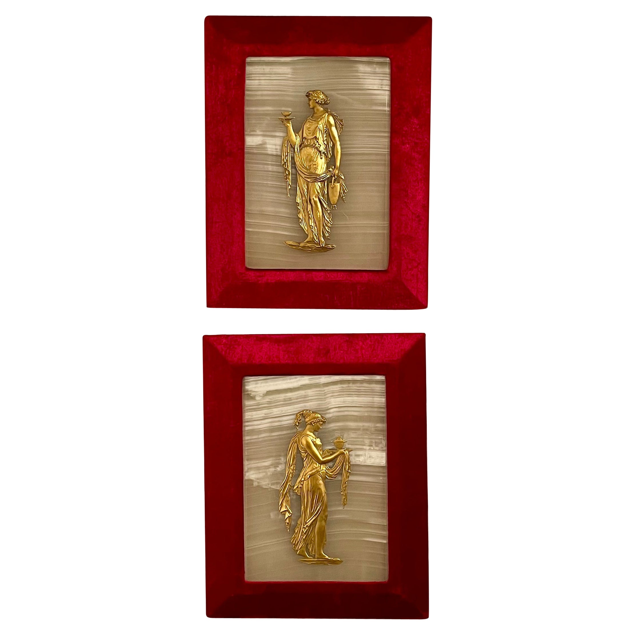 Pair Antique French Bronze D' Ore and Onyx Plaques, Circa 1890's.
